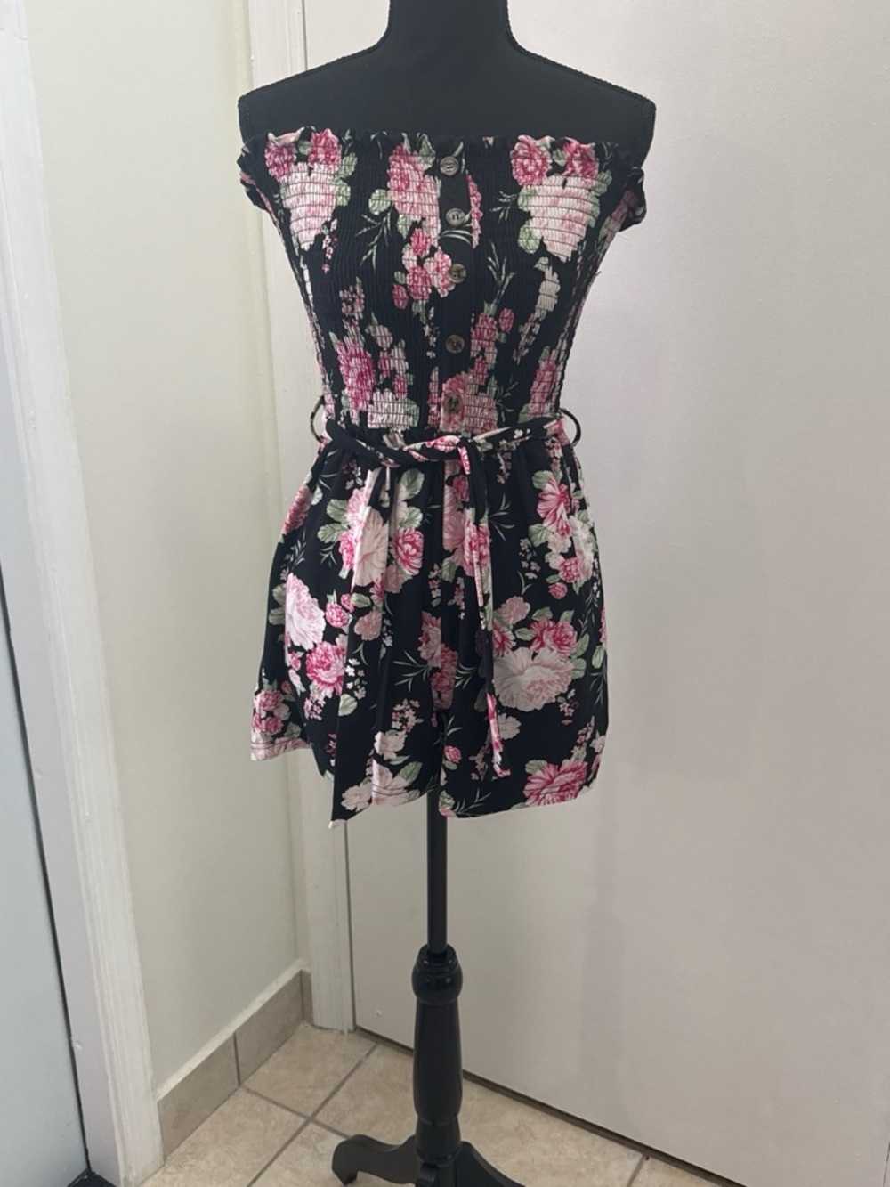 Strapless Floral Romper in Black and Pink
